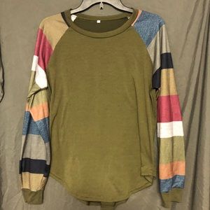 Green shirt with striped sleeves